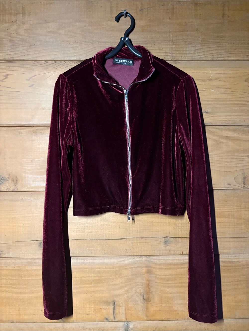 Liz & Sara Burgundy Velvet Zip Jacket- Size XS- Fall Mock Neck Jacket